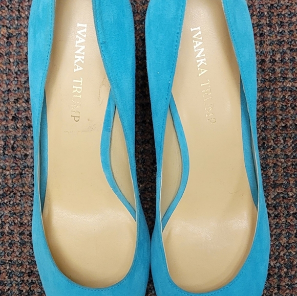 Ivanka Trump Teal Suede Open Toe Heels - Picture 2 of 7